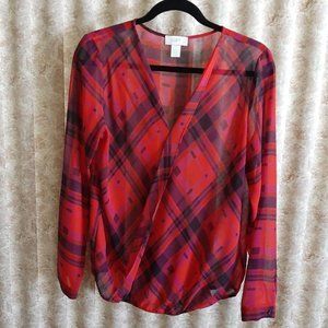 EUC sheer red plaid Loft wrap front blouse size M